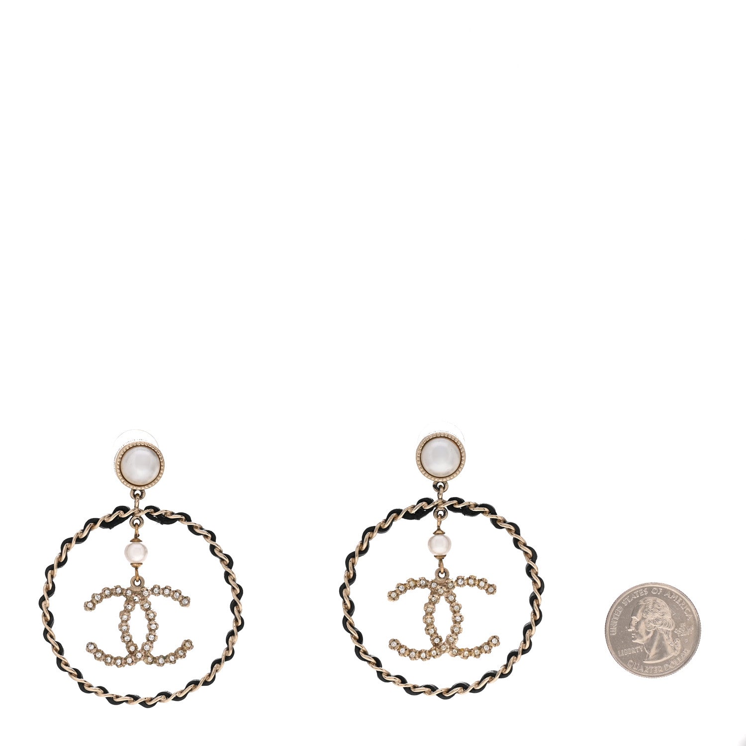Chanel Lambskin Crystal Pearl CC Drop Earrings Gold Black 2 of 5