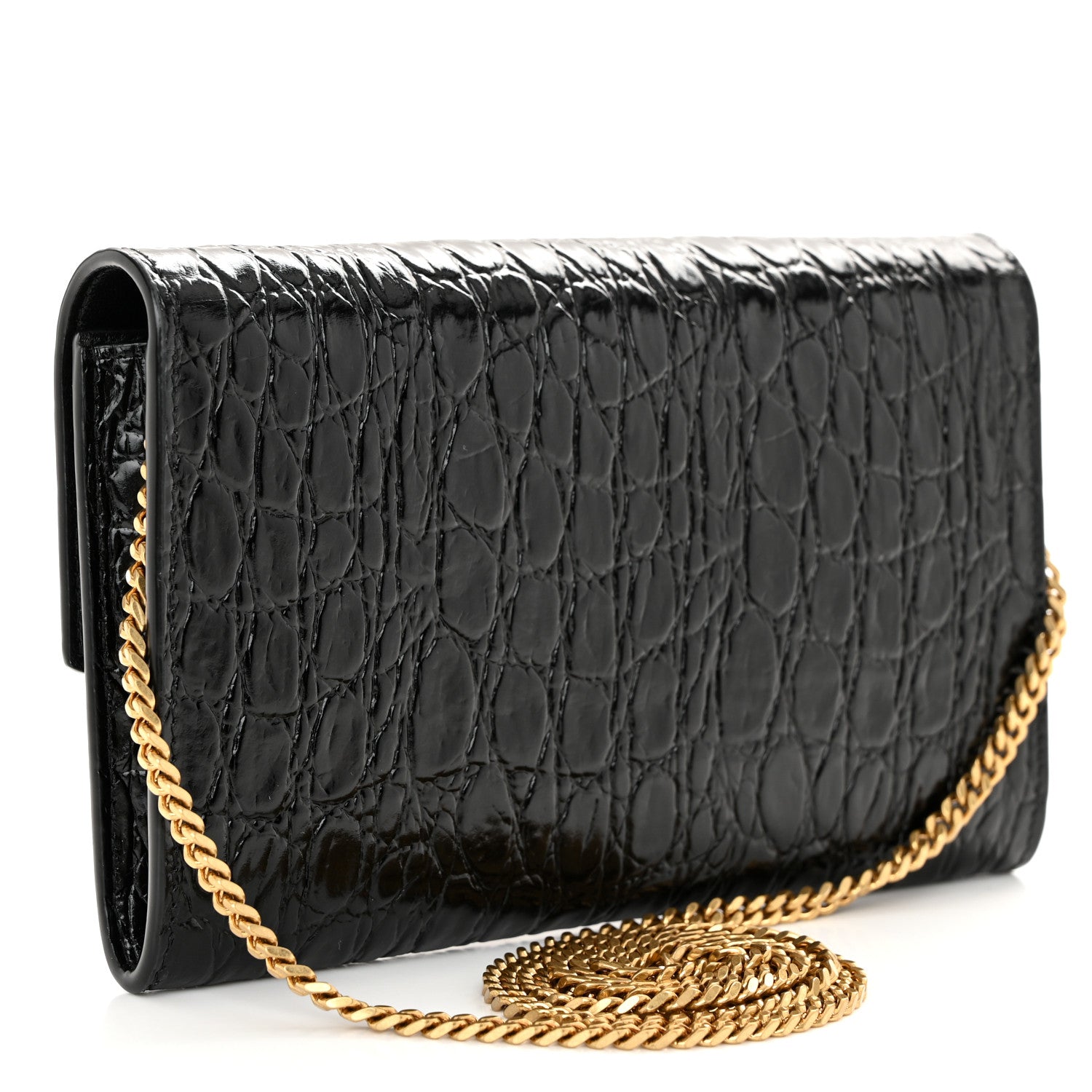 Saint Laurent Calfskin Crocodile Embossed Monogram Uptown Chain Wallet Black 4 of 12