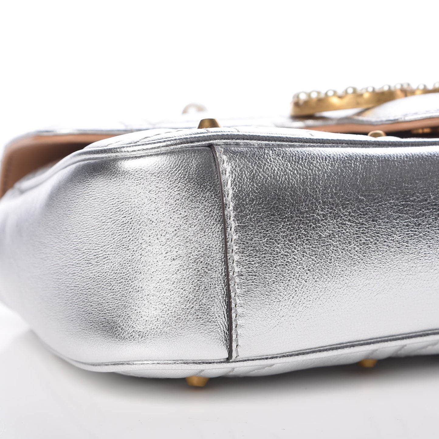 Metallic Calfskin Matelasse Studded Mini Pearly GG Marmont Shoulder Bag Silver