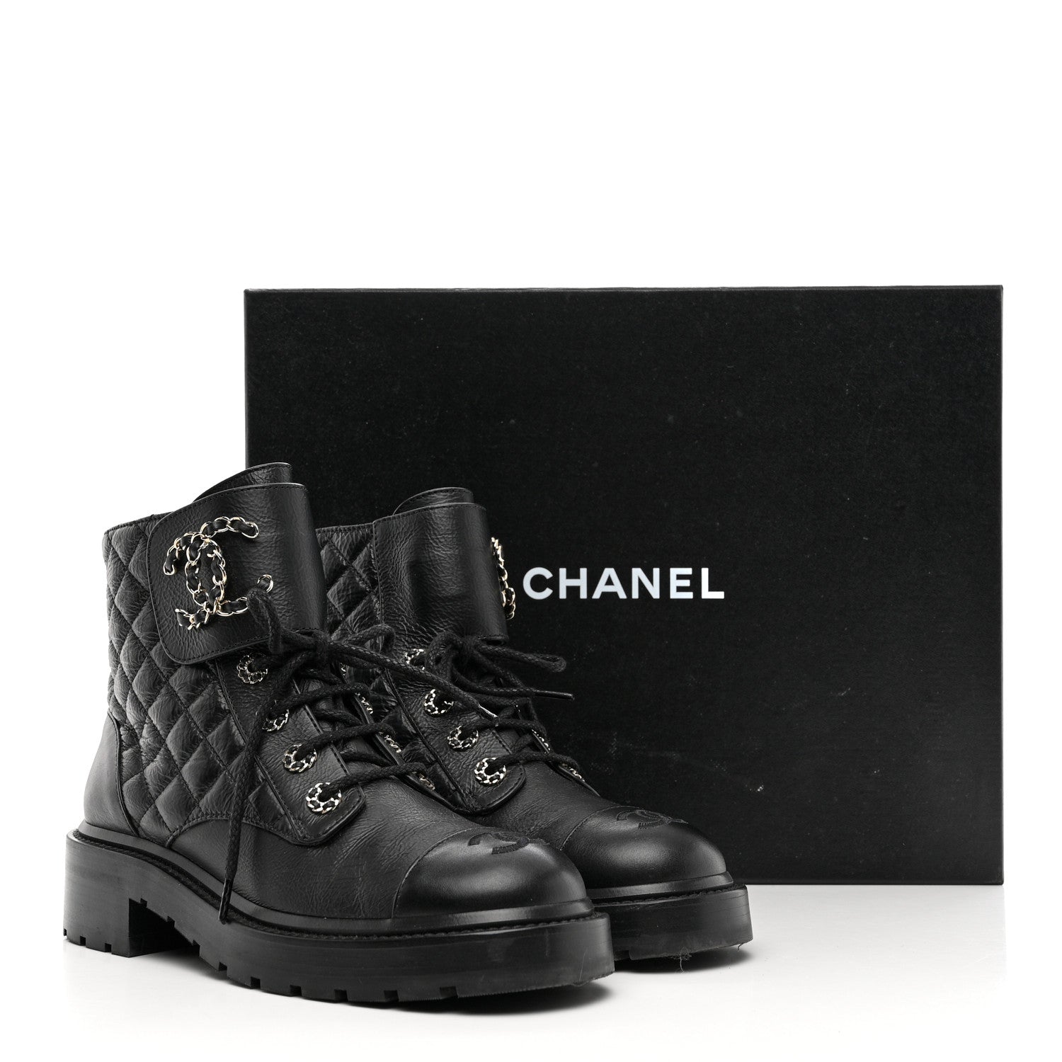 Chanel Shiny Calfskin Quilted Lace Up Combat Boots 37.5 Black 9 of 9