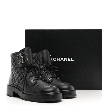 Chanel Shiny Calfskin Quilted Lace Up Combat Boots 37.5 Black 9 of 9