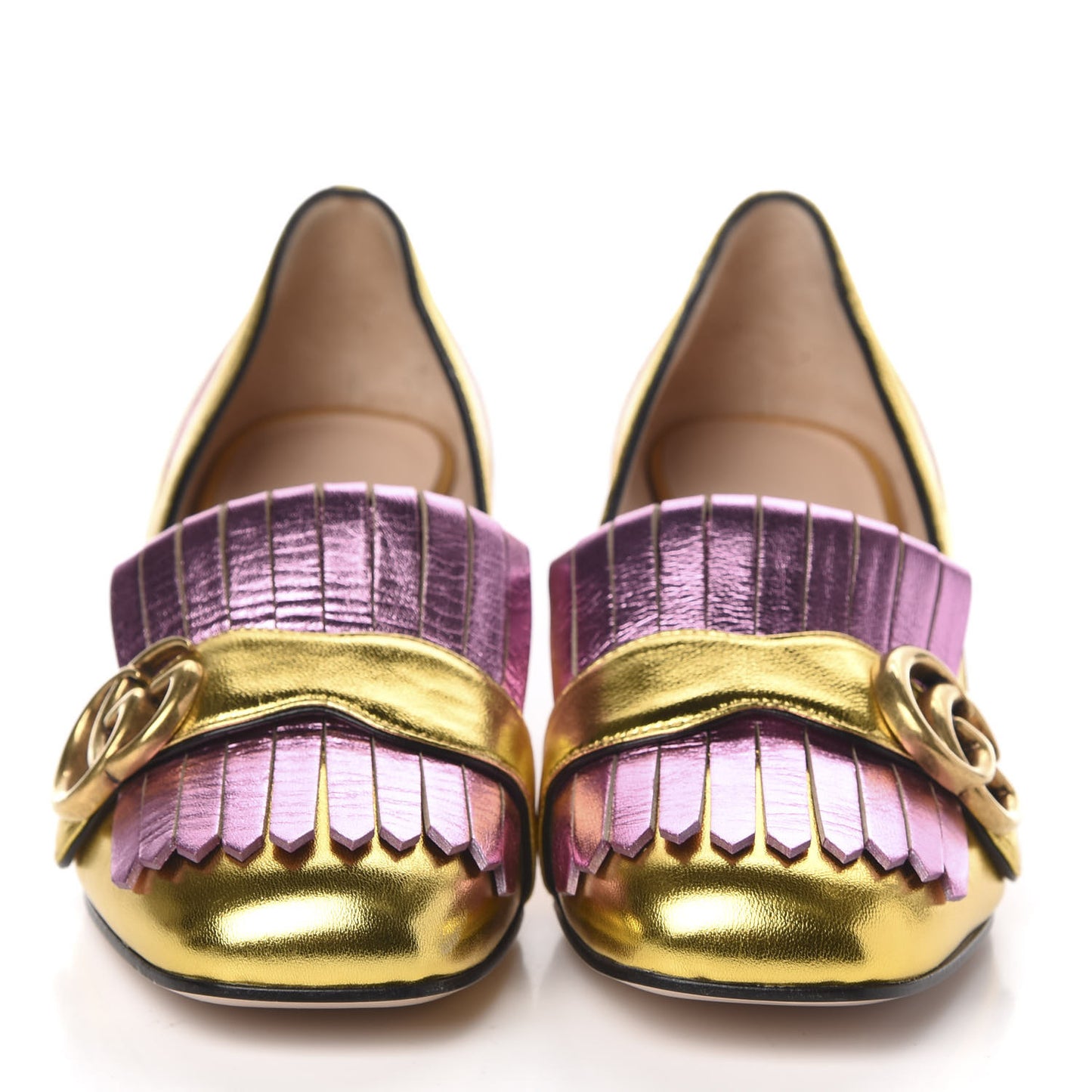Metallic Nappa Inlay GG Marmont Fringe 50mm Loafer Pumps 35.5 Oro Vecchio Rosa