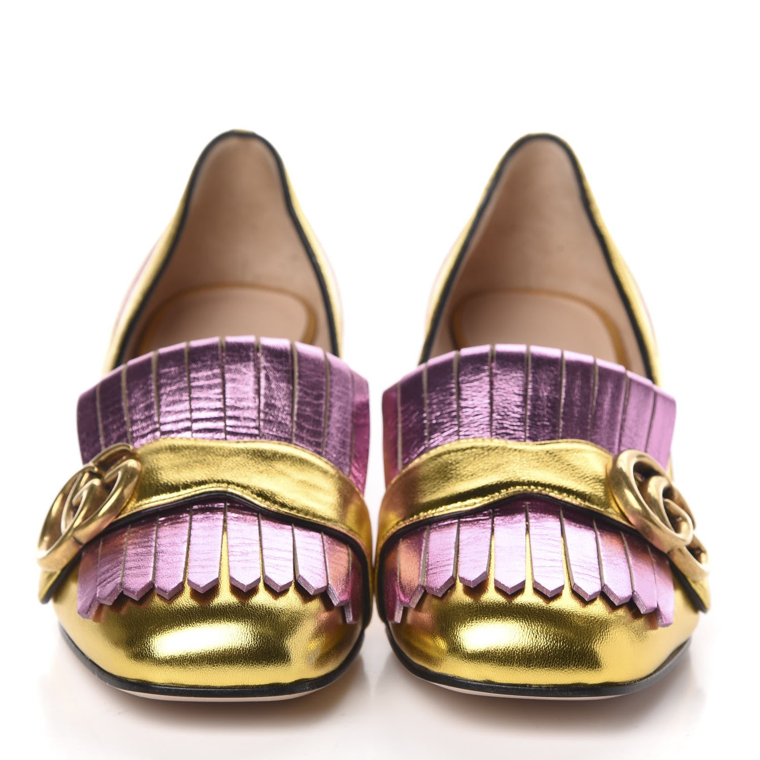 Gucci Metallic Nappa Inlay GG Marmont Fringe 50mm Loafer Pumps 35.5 Oro Vecchio Rosa 2 of 10
