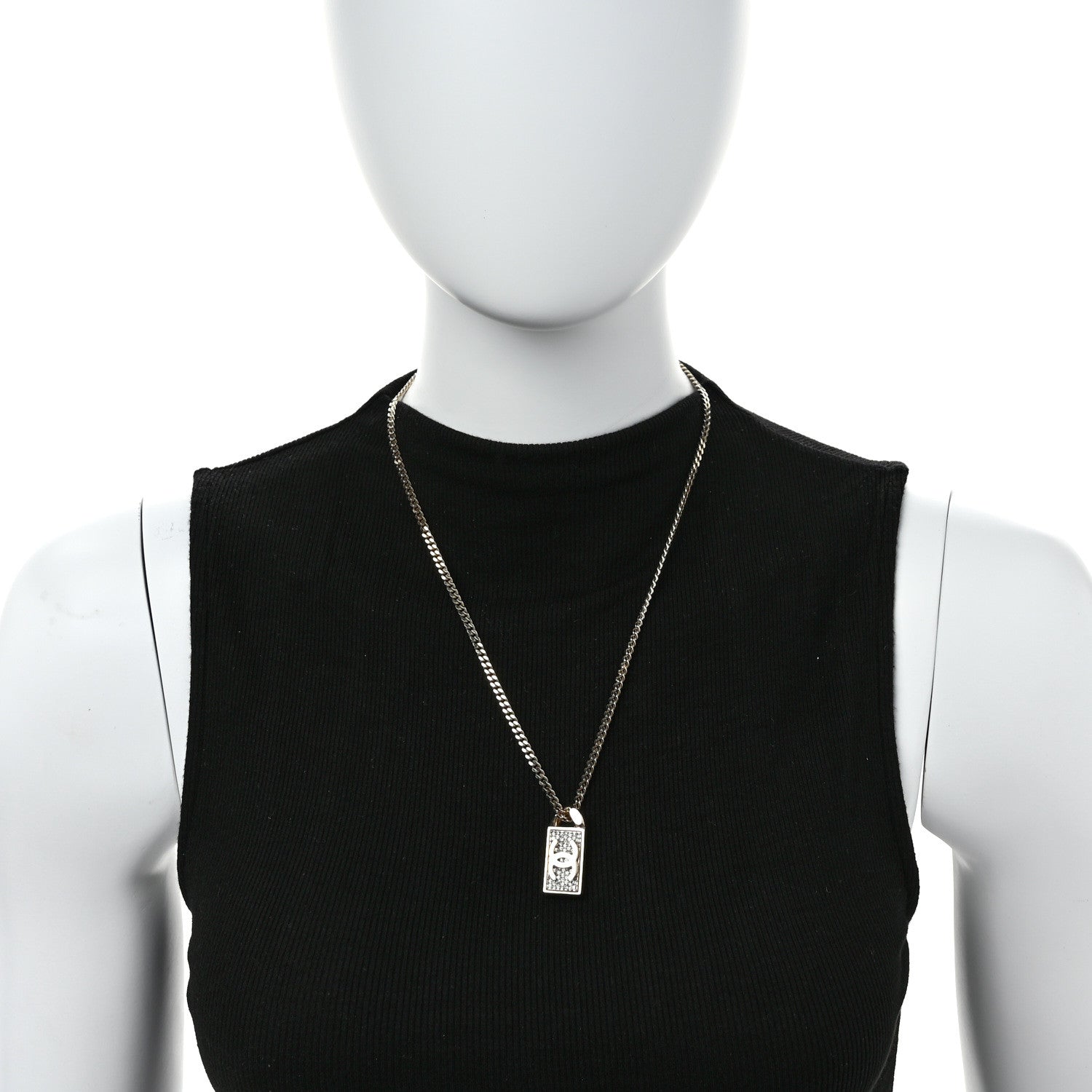 Chanel Crystal Dog Tag Charm Necklace Gold 2 of 5