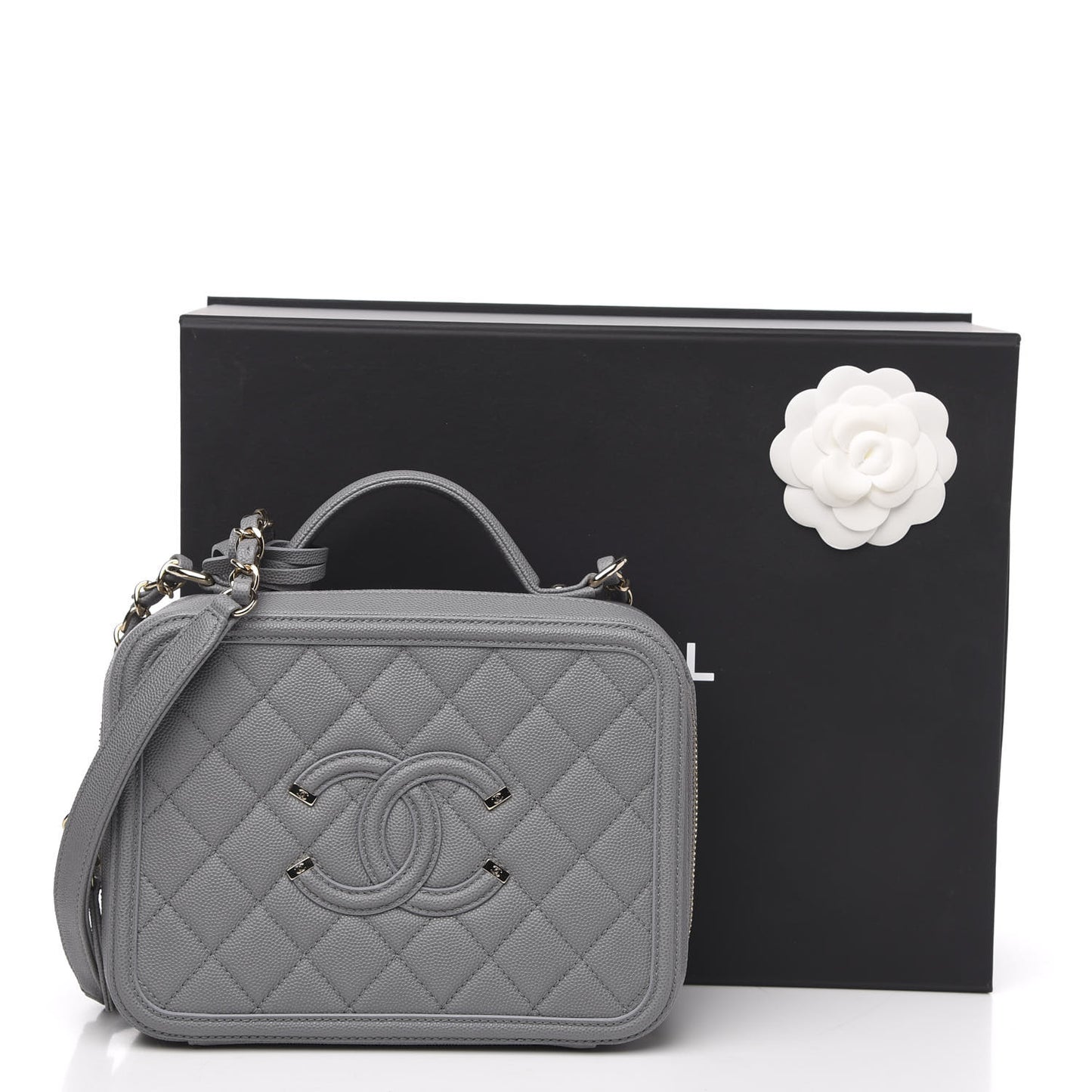 Caviar Quilted Medium CC Filigree Vanity Case Grey