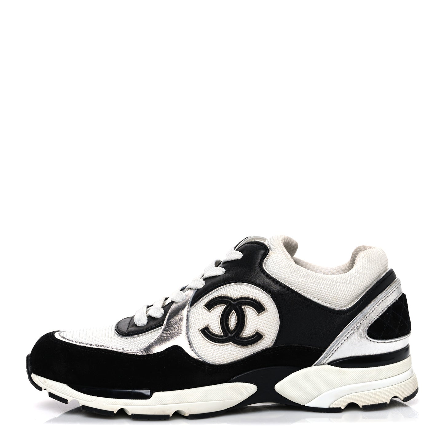 Mesh Suede Calfskin Grained Calfskin Womens CC Sneakers 39 Black White Silver