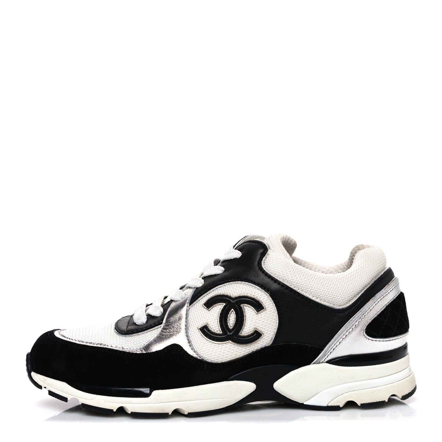 Chanel Mesh Suede Calfskin Grained Calfskin Womens CC Sneakers 39 Black White Silver 1 of 11