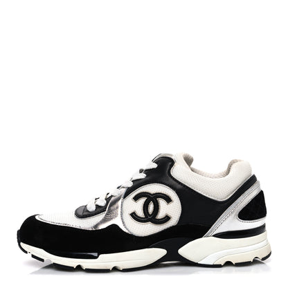 Chanel Mesh Suede Calfskin Grained Calfskin Womens CC Sneakers 39 Black White Silver 1 of 11