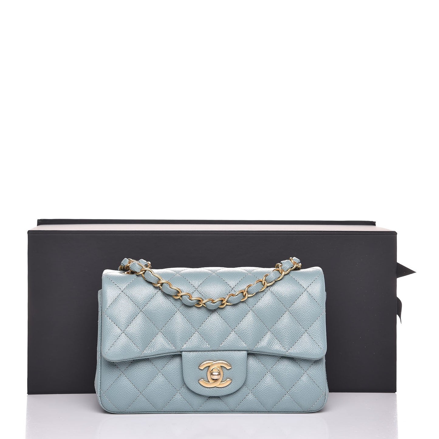 Iridescent Caviar Quilted Mini Rectangular Flap Light Blue