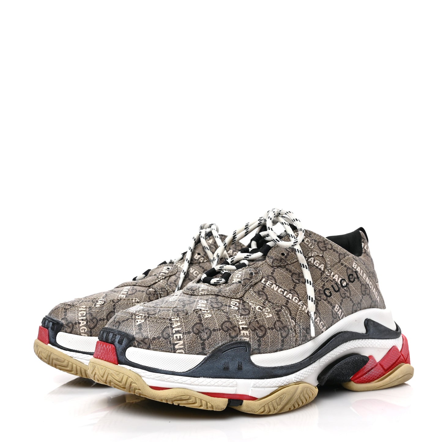 X GUCCI GG Supreme Monogram Allover Logo Mens Triple S Sneakers 43 Beige Ebony Mystic White