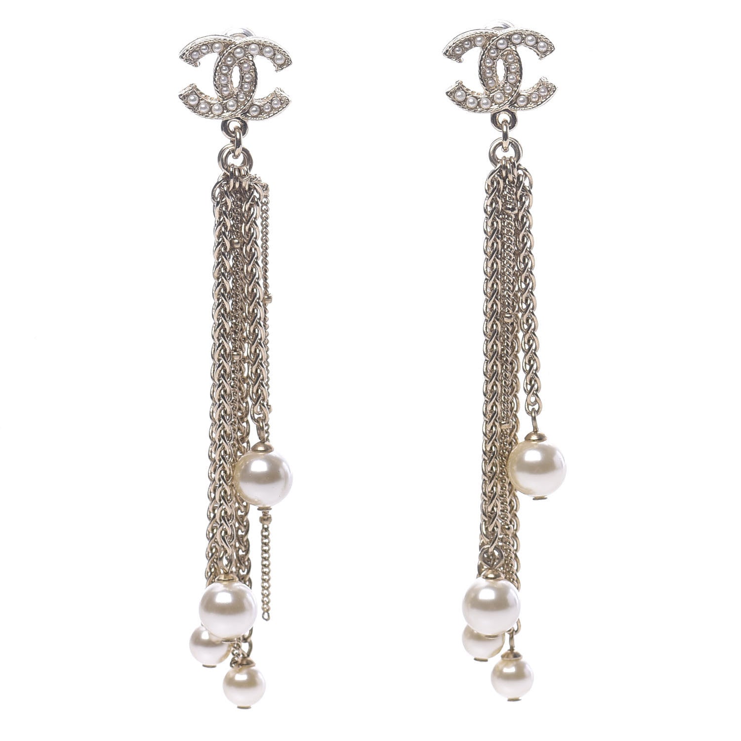 Chanel Glass Pearl CC Long Drop Earrings Gold 1 of 5