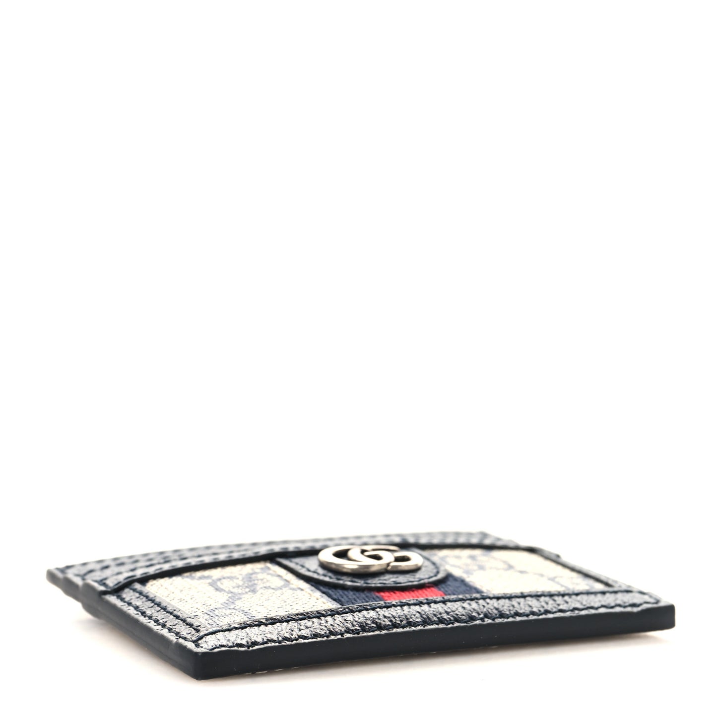 GG Supreme Monogram Textured Dollar Calfskin Web Ophidia Card Holder Beige Blue