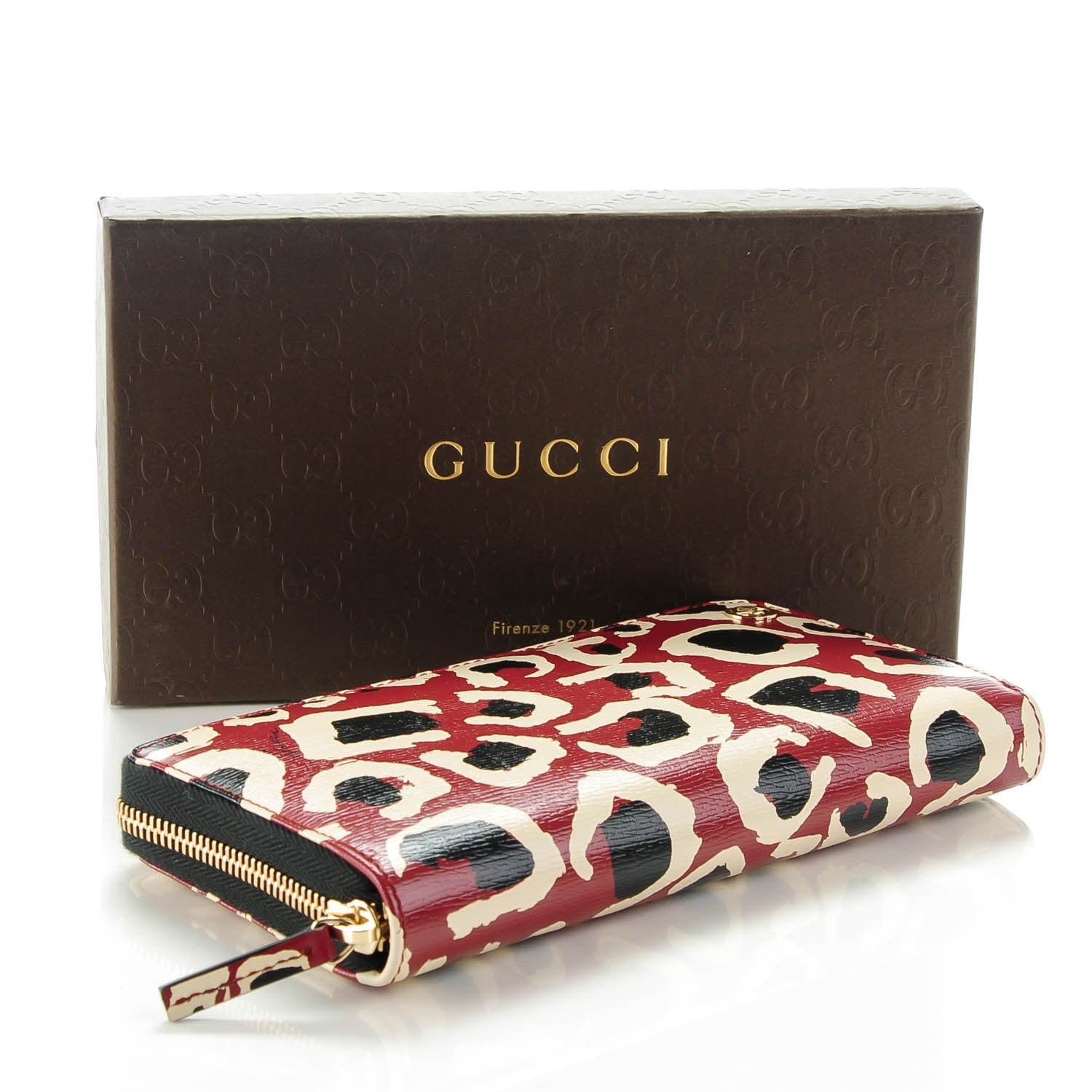 Gucci Leather Leopard Print Zip Around Wallet Red 4 of 7