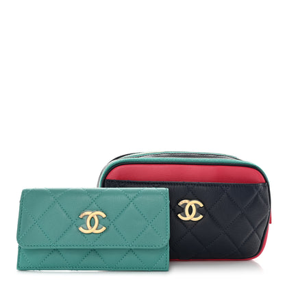 Chanel Goatskin Quilted Tri-Color In & Out Waist Bag Navy Turquoise Pink 1 of 11