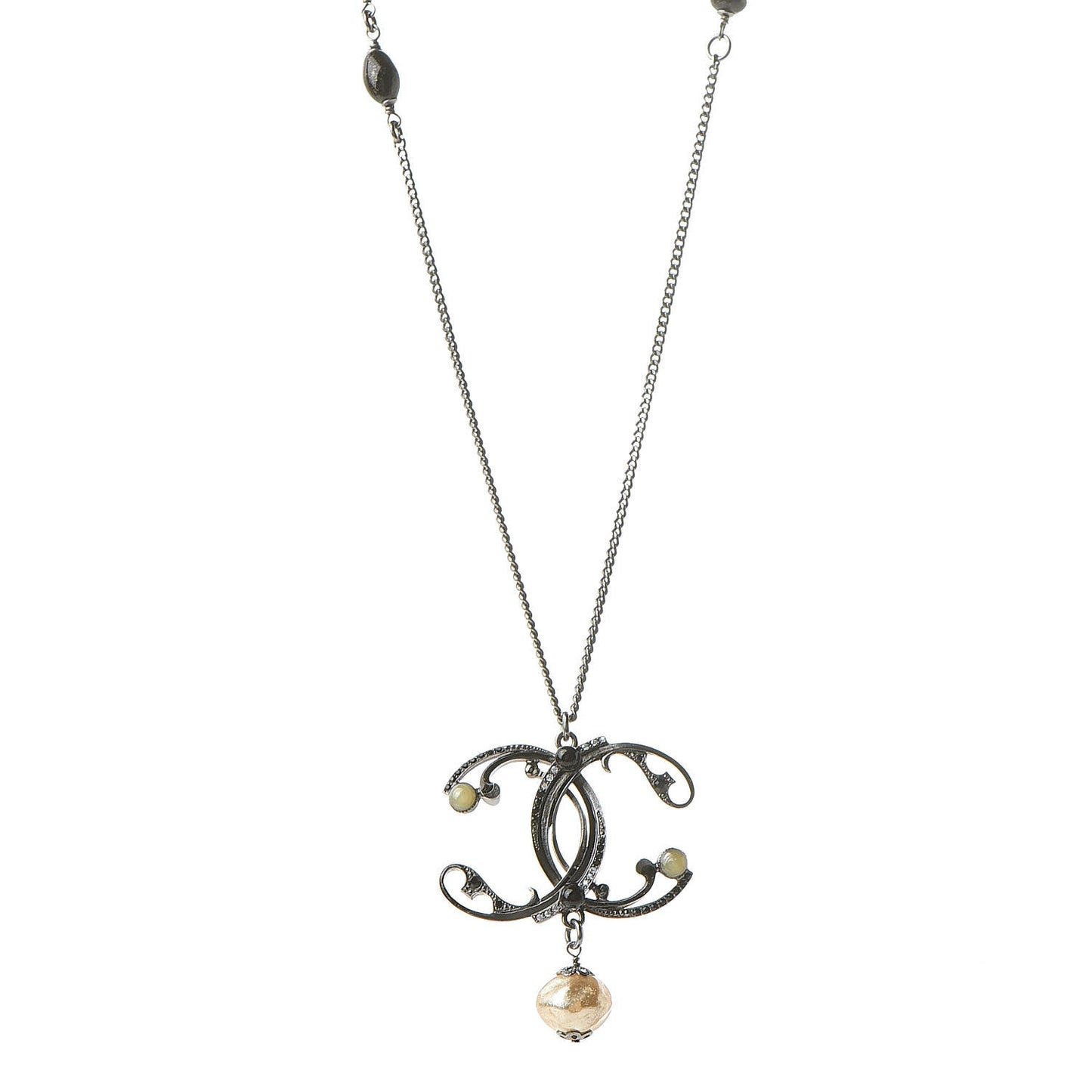 Pearl Beaded Enamel CC Long Necklace Black Silver