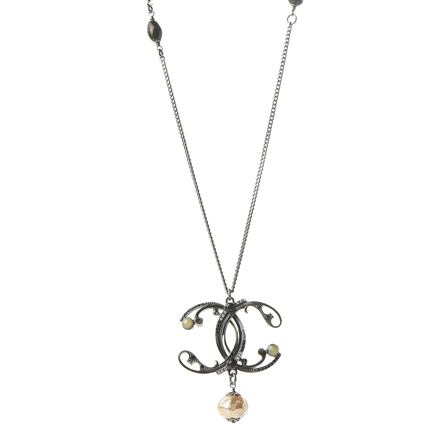 Chanel Pearl Beaded Enamel CC Long Necklace Black Silver 1 of 6