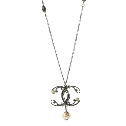 Chanel Pearl Beaded Enamel CC Long Necklace Black Silver 1 of 6