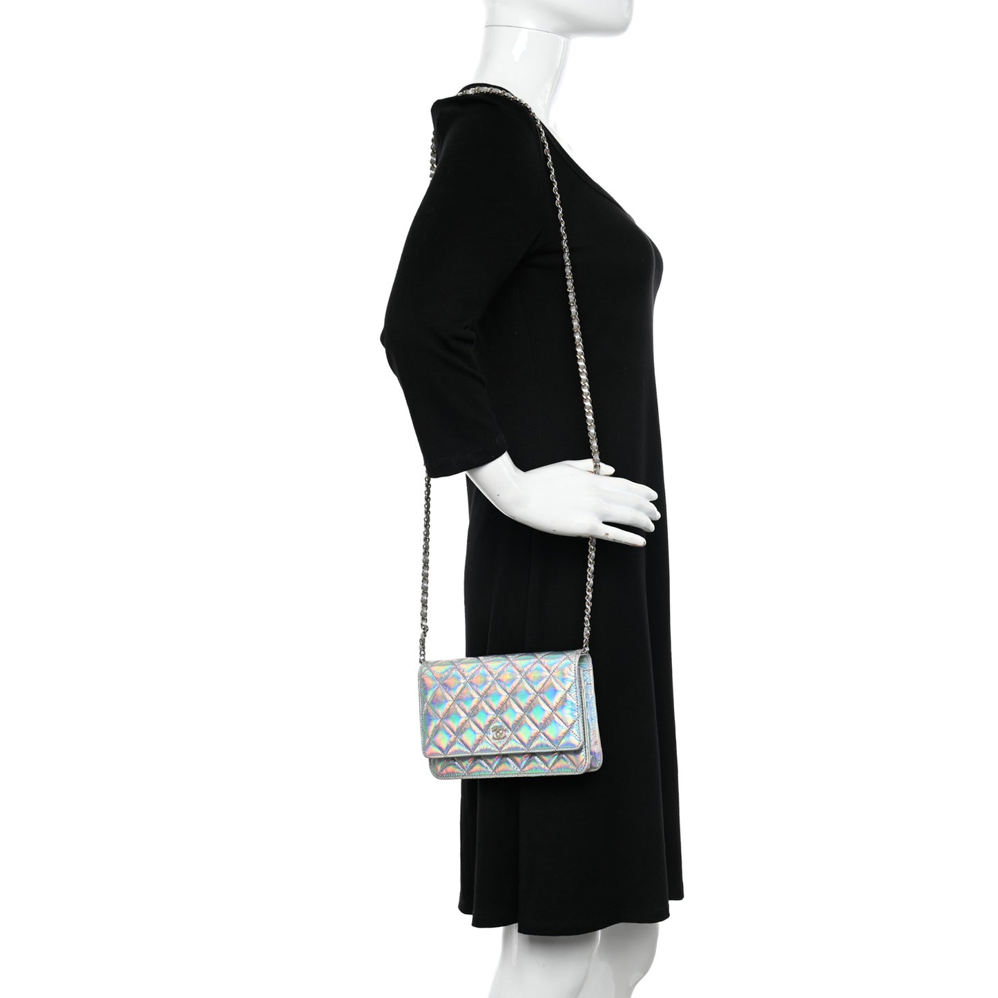 Iridescent Goatskin Quilted Wallet On Chain WOC Silver