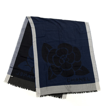 Chanel Silk Cashmere Camellia Fringe Scarf Navy Blue Black 2 of 4