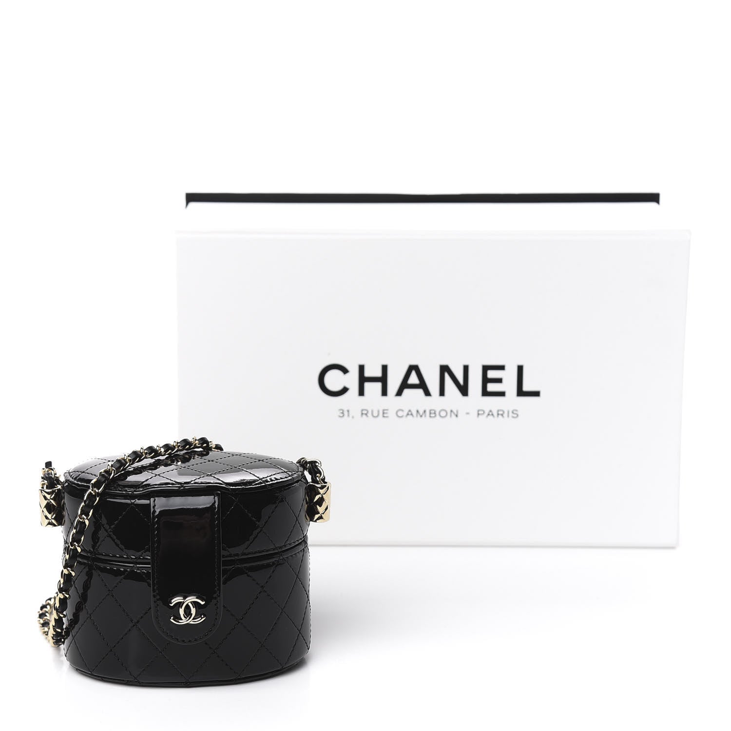 Chanel Patent Quilted Round Small Vanity With Chain Black 12 of 12