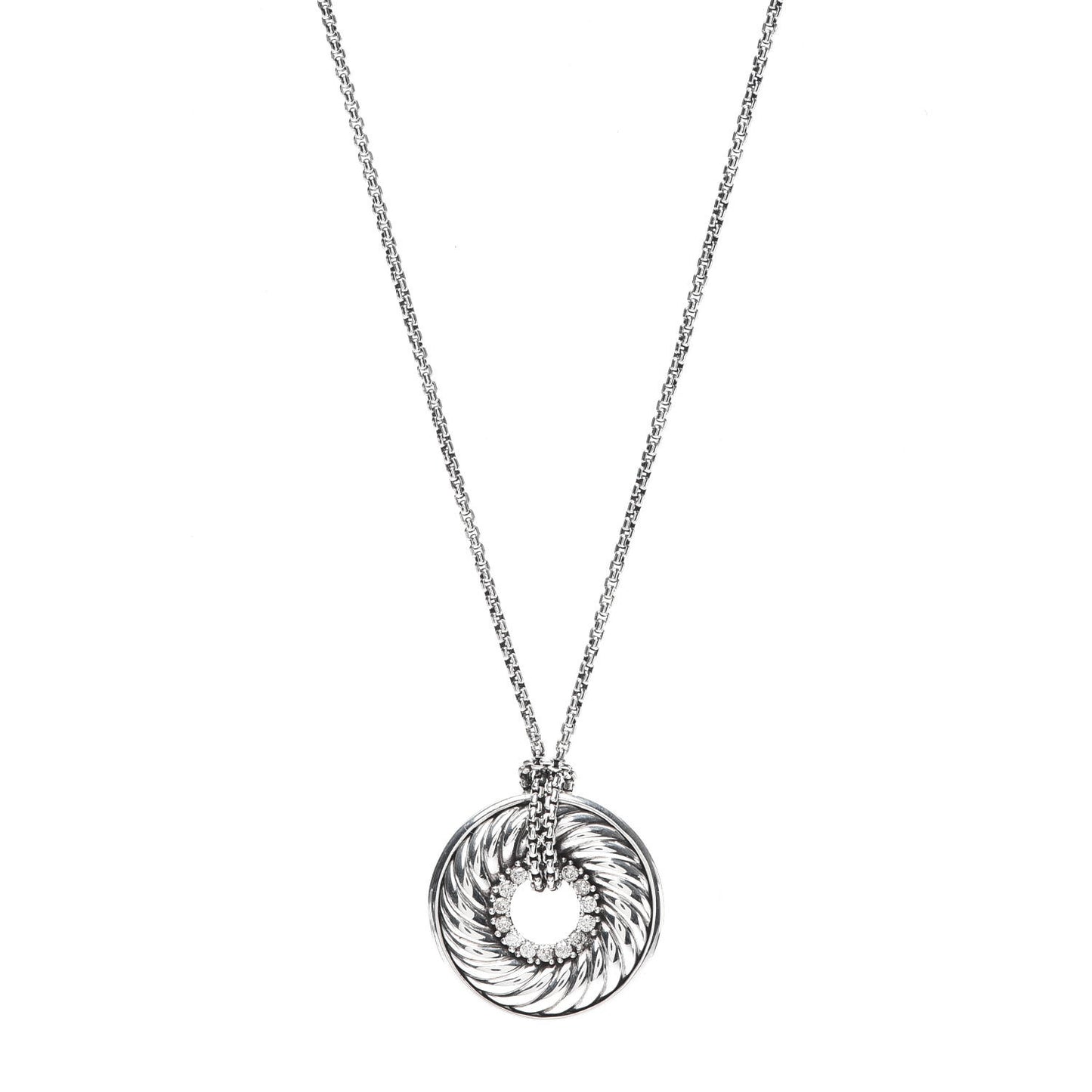 Sterling Silver Diamond Sculpted Cable Disc Necklace