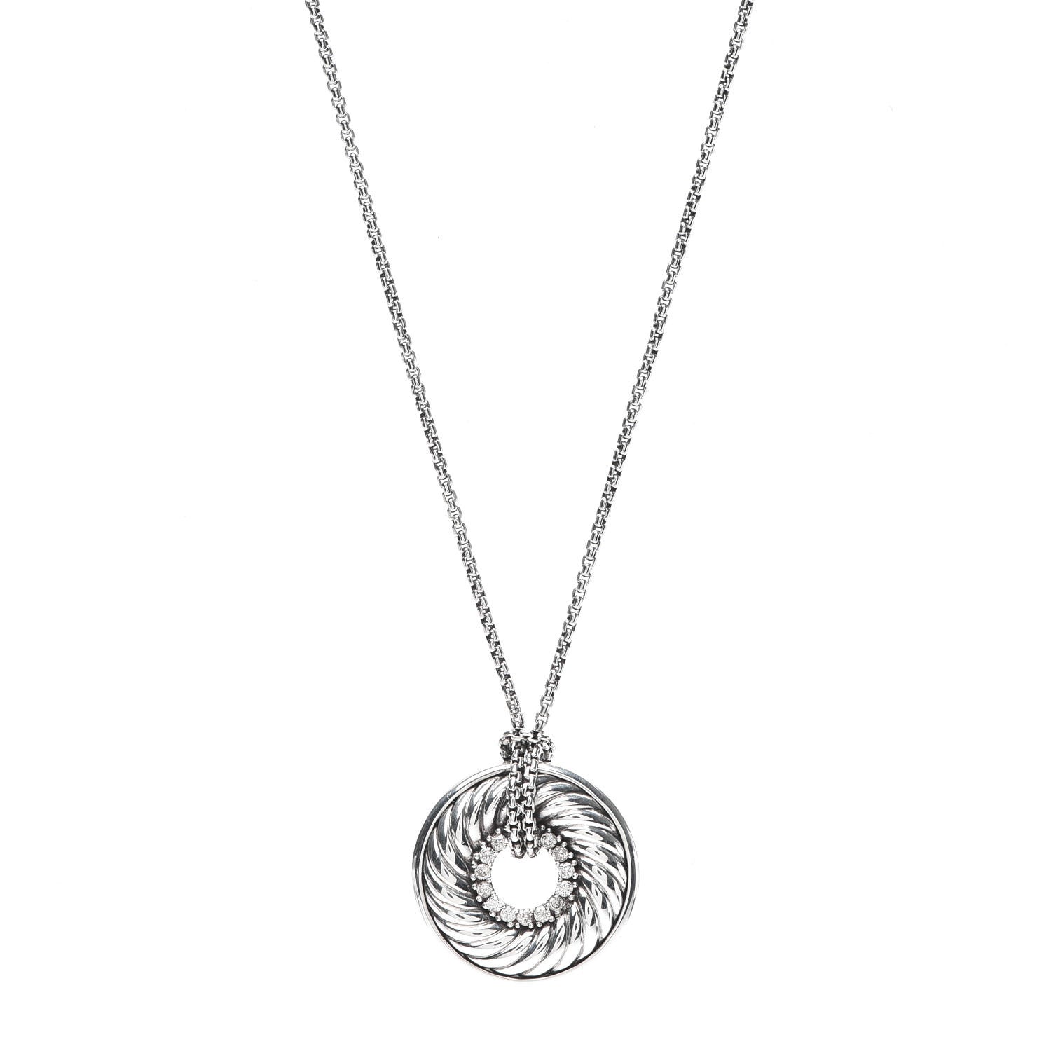 David Yurman Sterling Silver Diamond Sculpted Cable Disc Necklace 3 of 5
