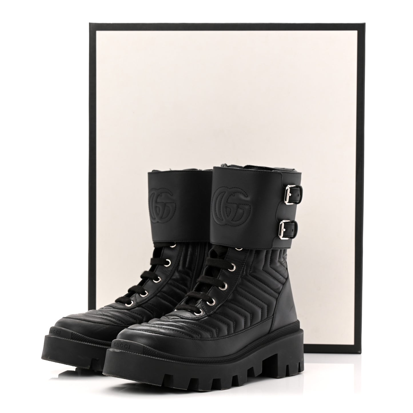 Nappa Frances GG Matelasse Platform Combat Boots 36 Black