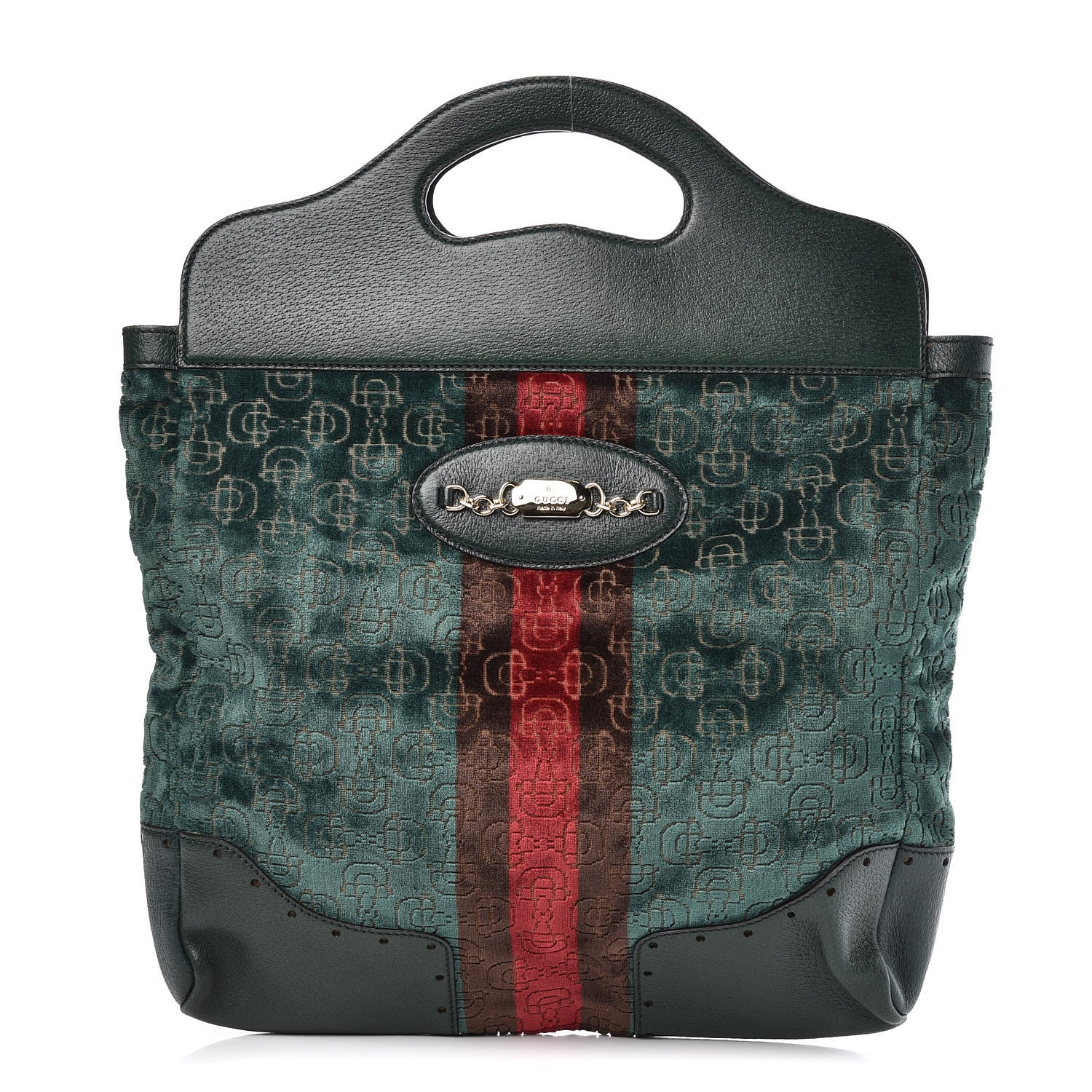 Gucci Velvet Horsebit Embossed Large Punch Top Handle Tote Green 2 of 12