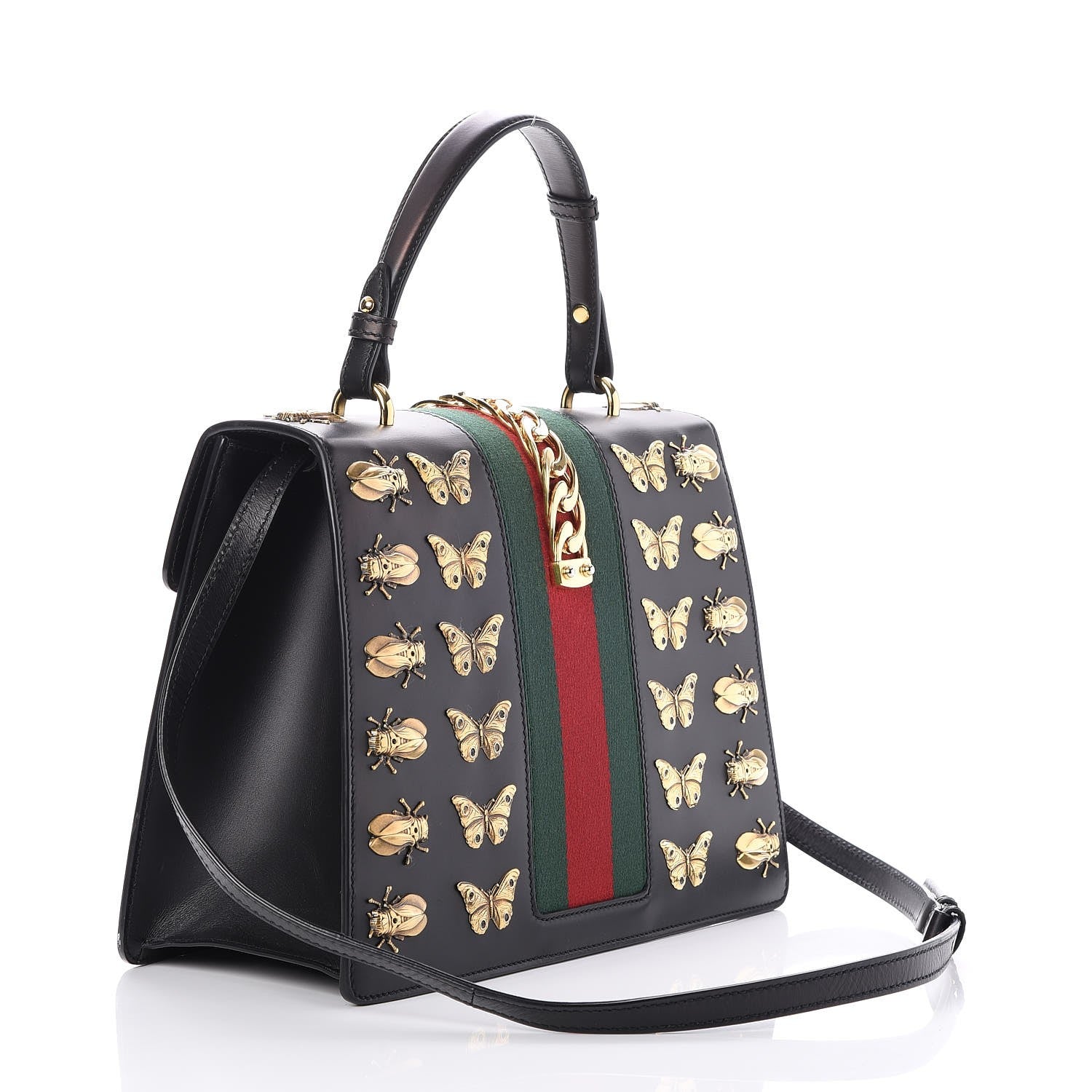Gucci Calfskin Animal Studs Medium Sylvie Top Handle Bag Black 3 of 9