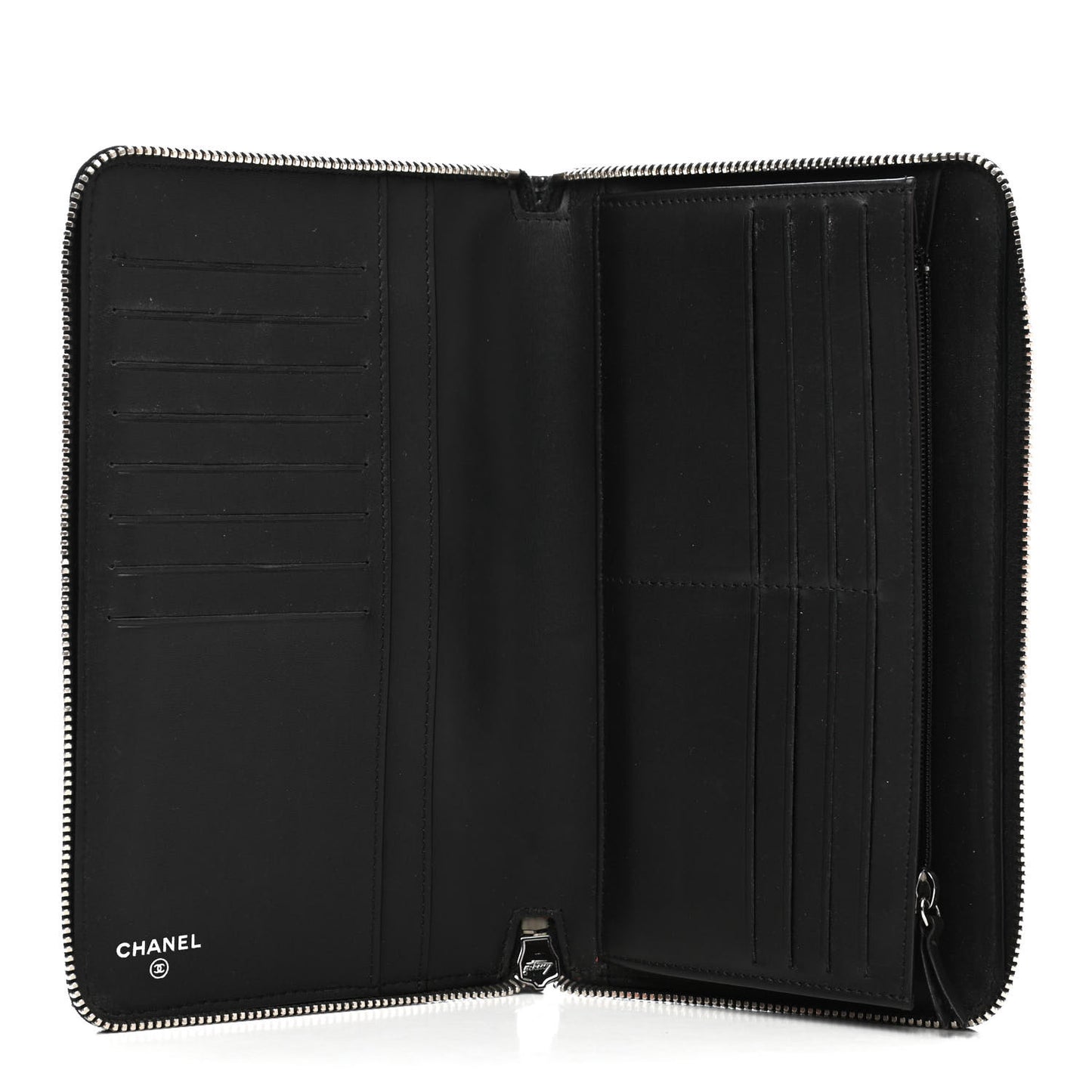 Glittered Calfskin Quilted Large Gusset Zip Wallet Black