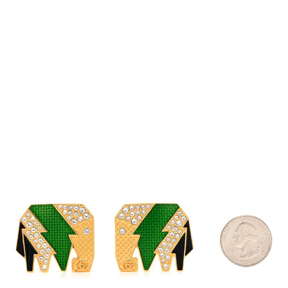 Gucci Metal Crystal Elephant Motif Clip On Earrings Green Gold 2 of 5