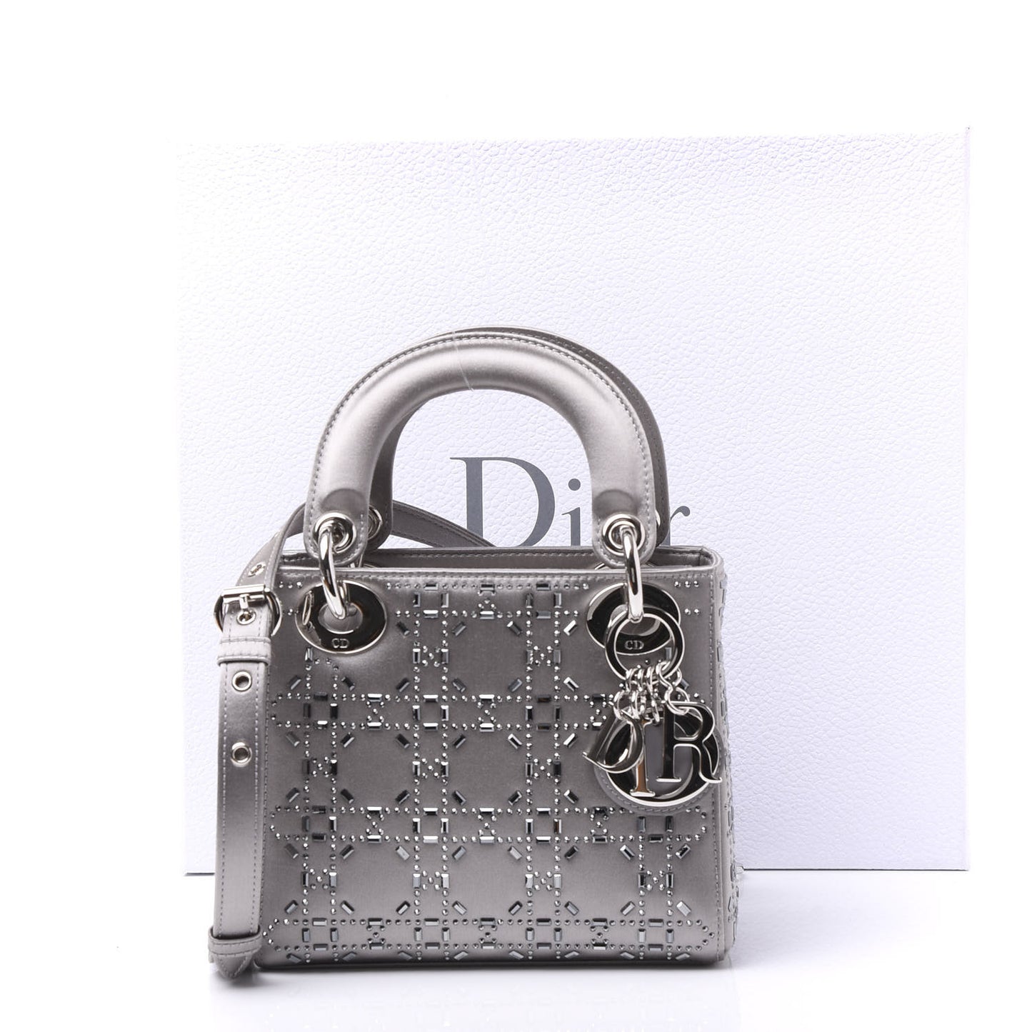 Satin Crystal Cannage Mini Lady Dior Gray