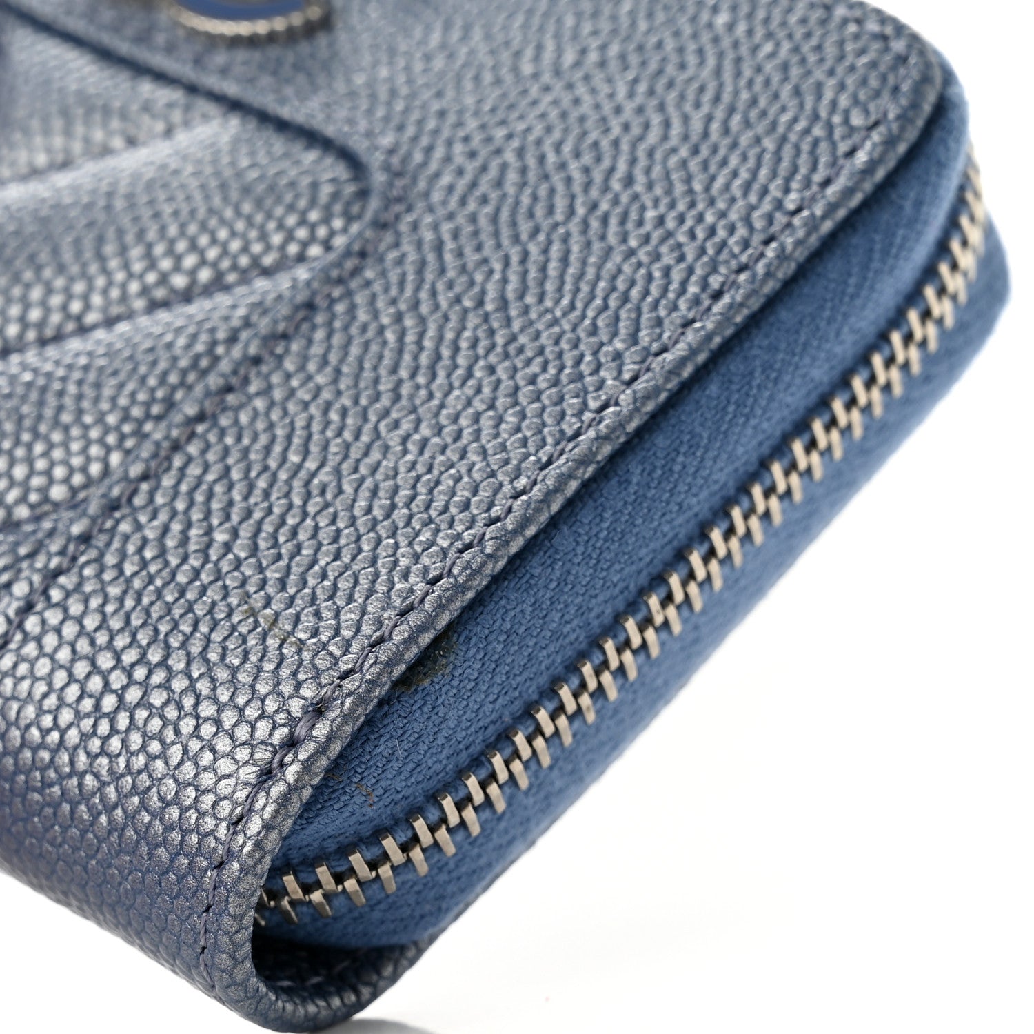 Chanel Metallic Caviar Chevron Quilted Vintage Mademoiselle Zip Coin Purse Blue 8 of 9