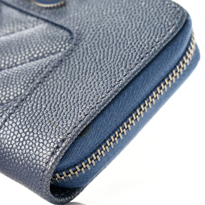 Chanel Metallic Caviar Chevron Quilted Vintage Mademoiselle Zip Coin Purse Blue 8 of 9