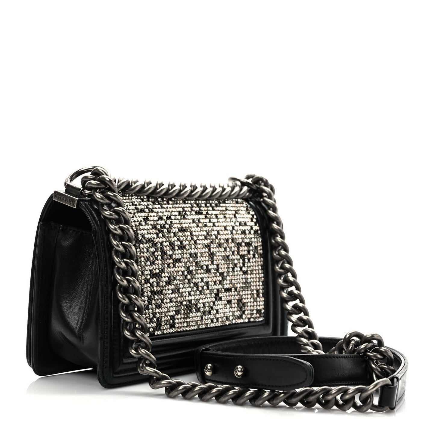 Calfskin Crystal Studded Small Studded Boy Flap Black