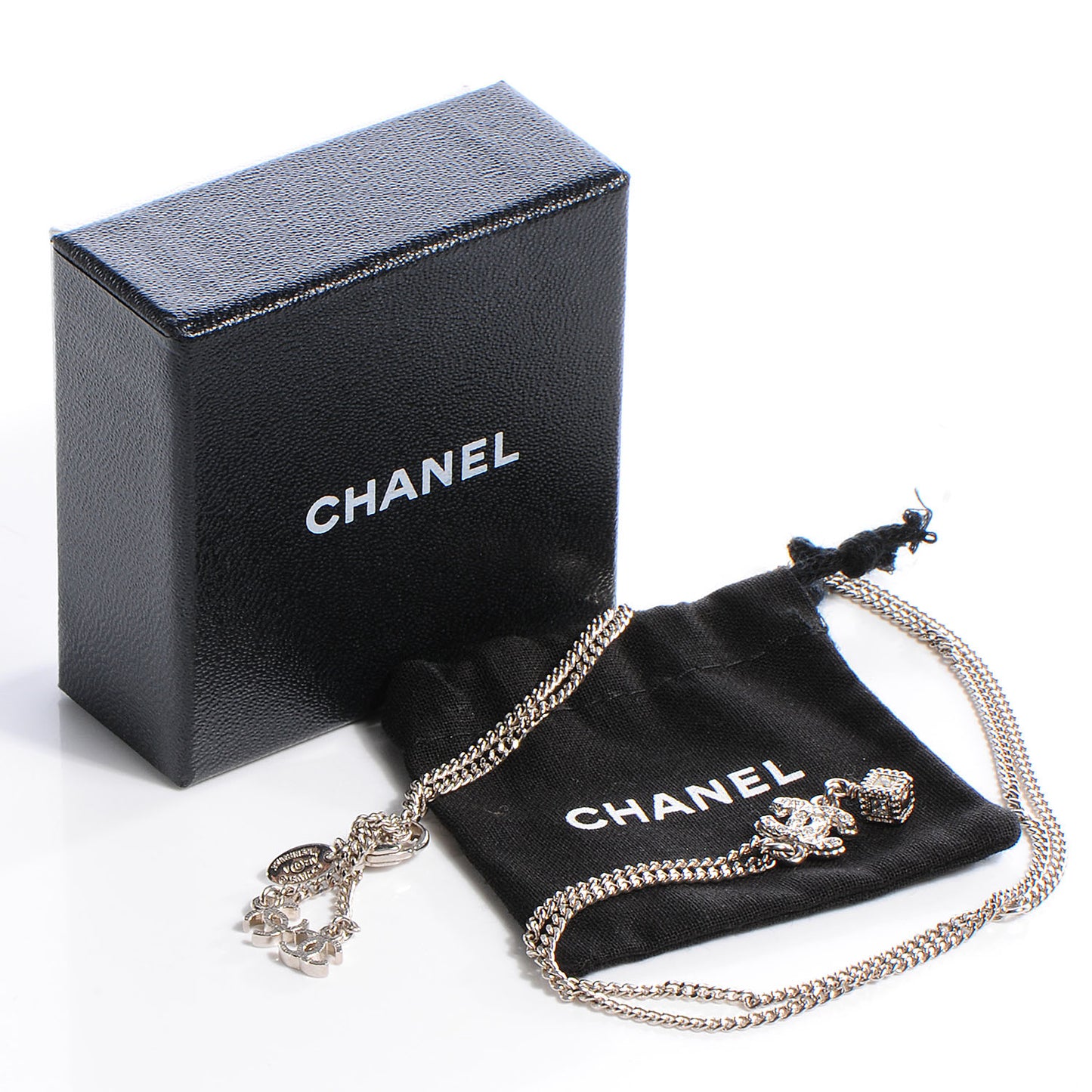Crystal Studded Cube CC Necklace Silver