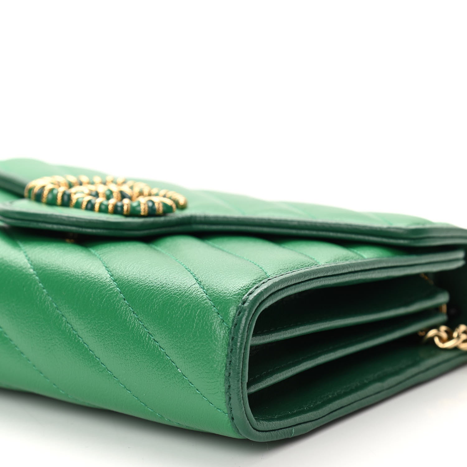 Gucci Azalea Calfskin Enamel Matelasse Diagonal Torchon GG Marmont Chain Wallet New Shamrock Emerald 10 of 10