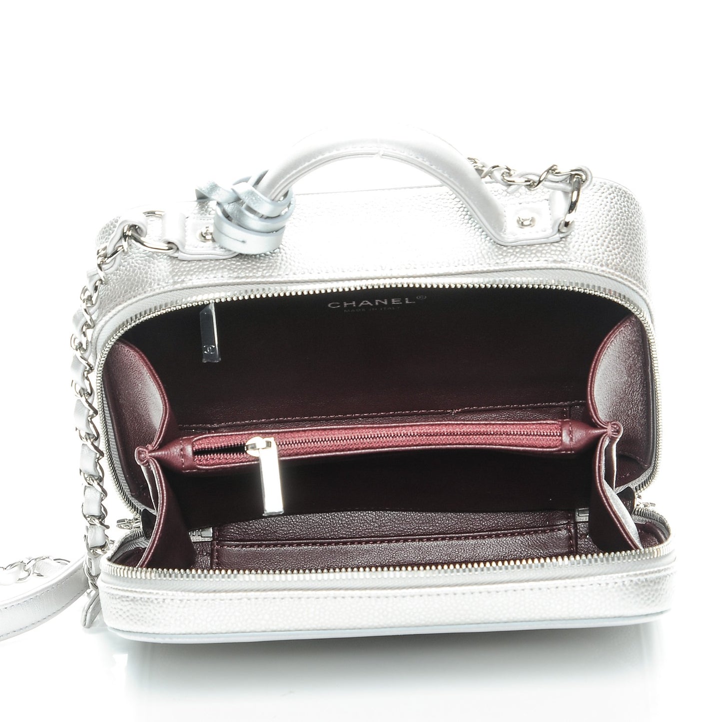 Metallic Caviar Quilted Medium CC Filigree Vanity Case Silver