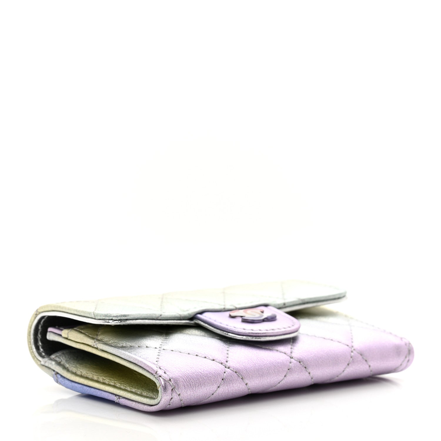 Chanel Gradient Metallic Calfskin Quilted Flap Card Holder Wallet Silver Blue Yellow Purple 4 of 9