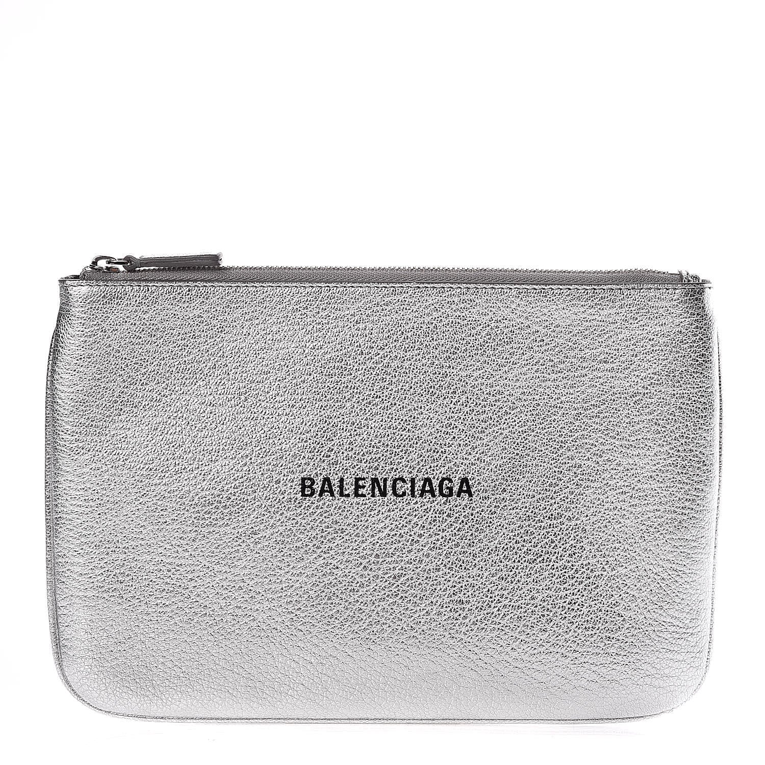 Balenciaga Metallic Goatskin Logo Large Everyday Zip Pouch Argent Black 1 of 7