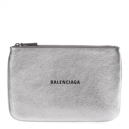 Balenciaga Metallic Goatskin Logo Large Everyday Zip Pouch Argent Black 1 of 7