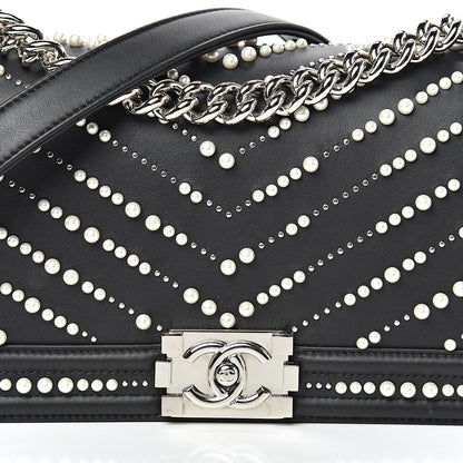 Chanel Calfskin Pearl Chevron Medium Boy Flap Black 8 of 13