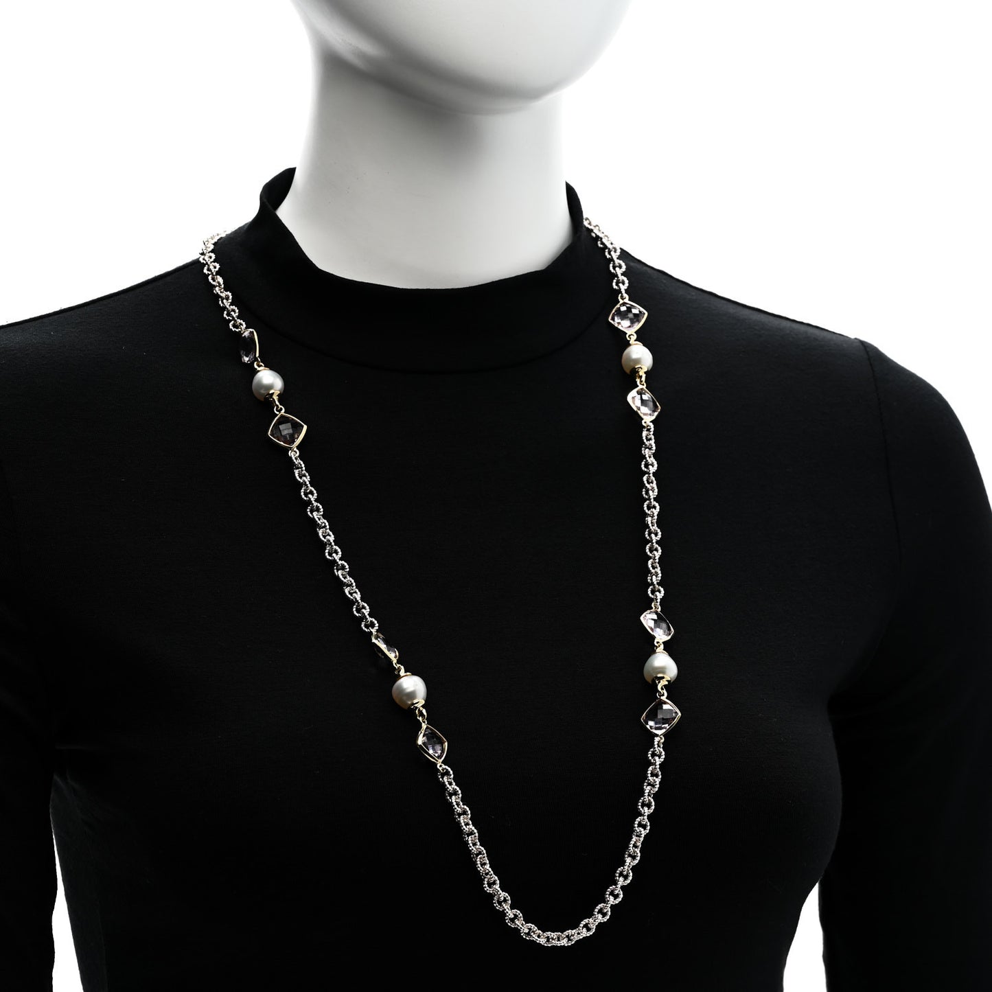 Sterling Silver 18K Yellow Gold Amethyst Cultured Pearl Figaro Chain Necklace