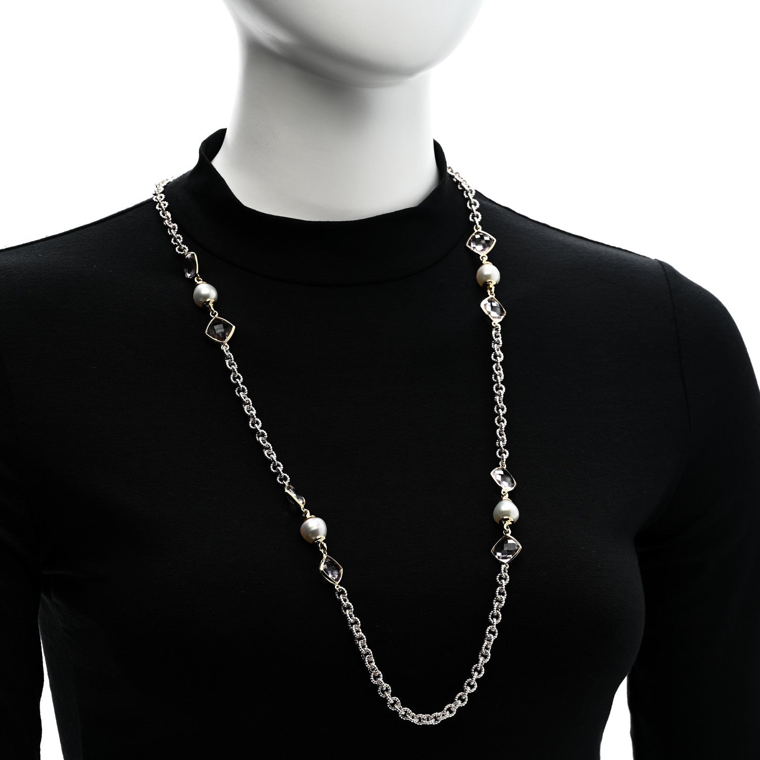 David Yurman Sterling Silver 18K Yellow Gold Amethyst Cultured Pearl Figaro Chain Necklace 2 of 4