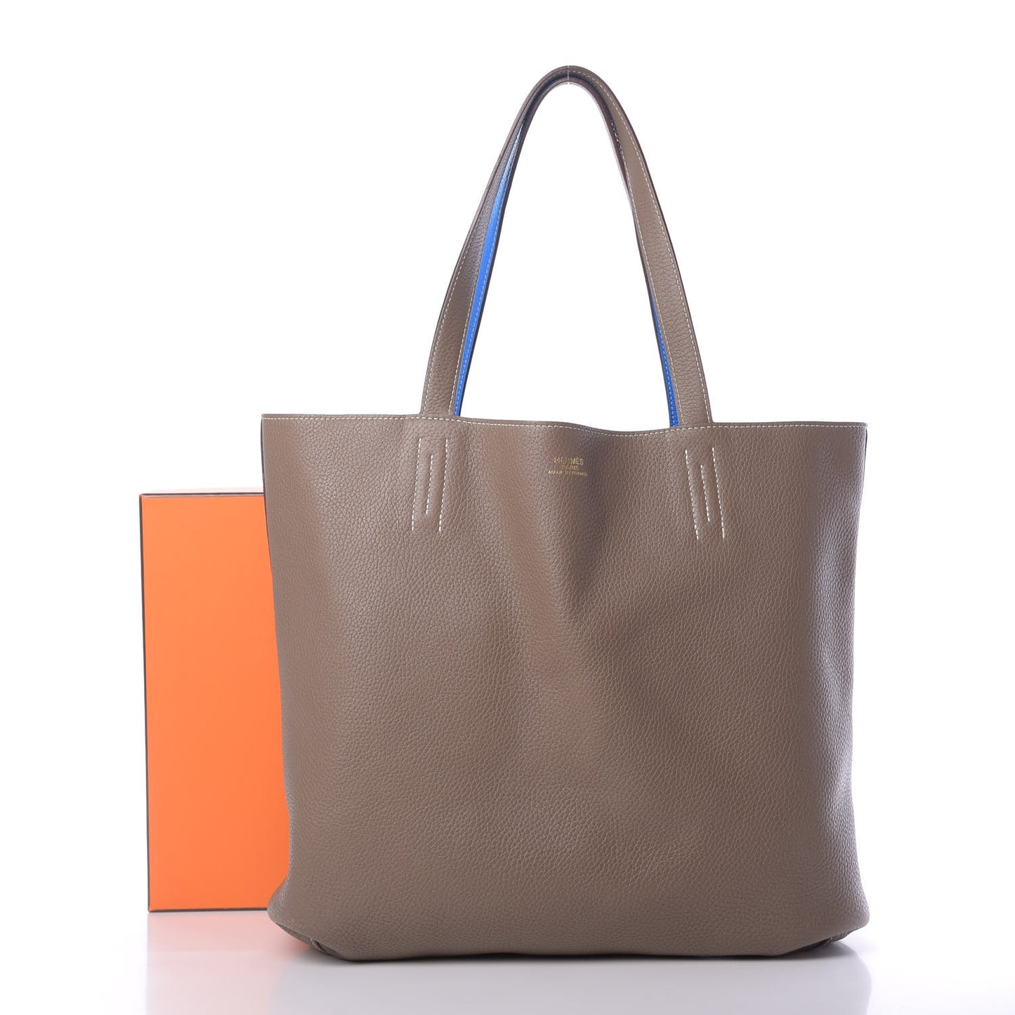 Taurillon Clemence Double Sens 45 Reversible Tote Bleu Hydra Etoupe