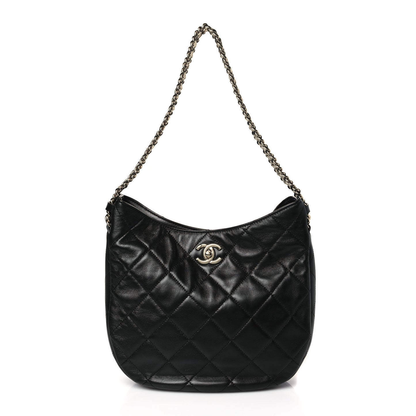 Lambskin Chain Rows Quilted Chain Hobo Black