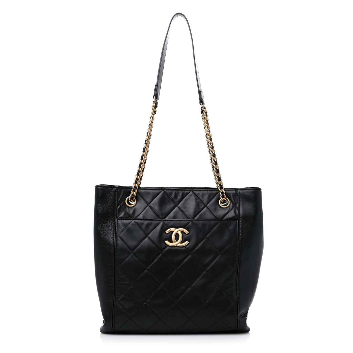 Calfskin Quilted CC Front Pocket Shopping Tote Black