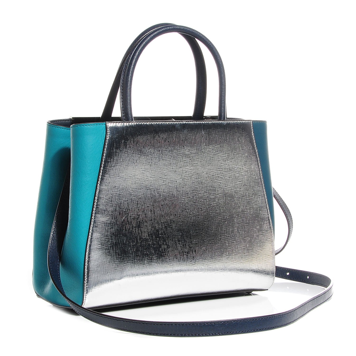 Fendi Vitello Elite Colorblock Petite 2Jours Tote Lavagna Oceano Argento 3 of 13