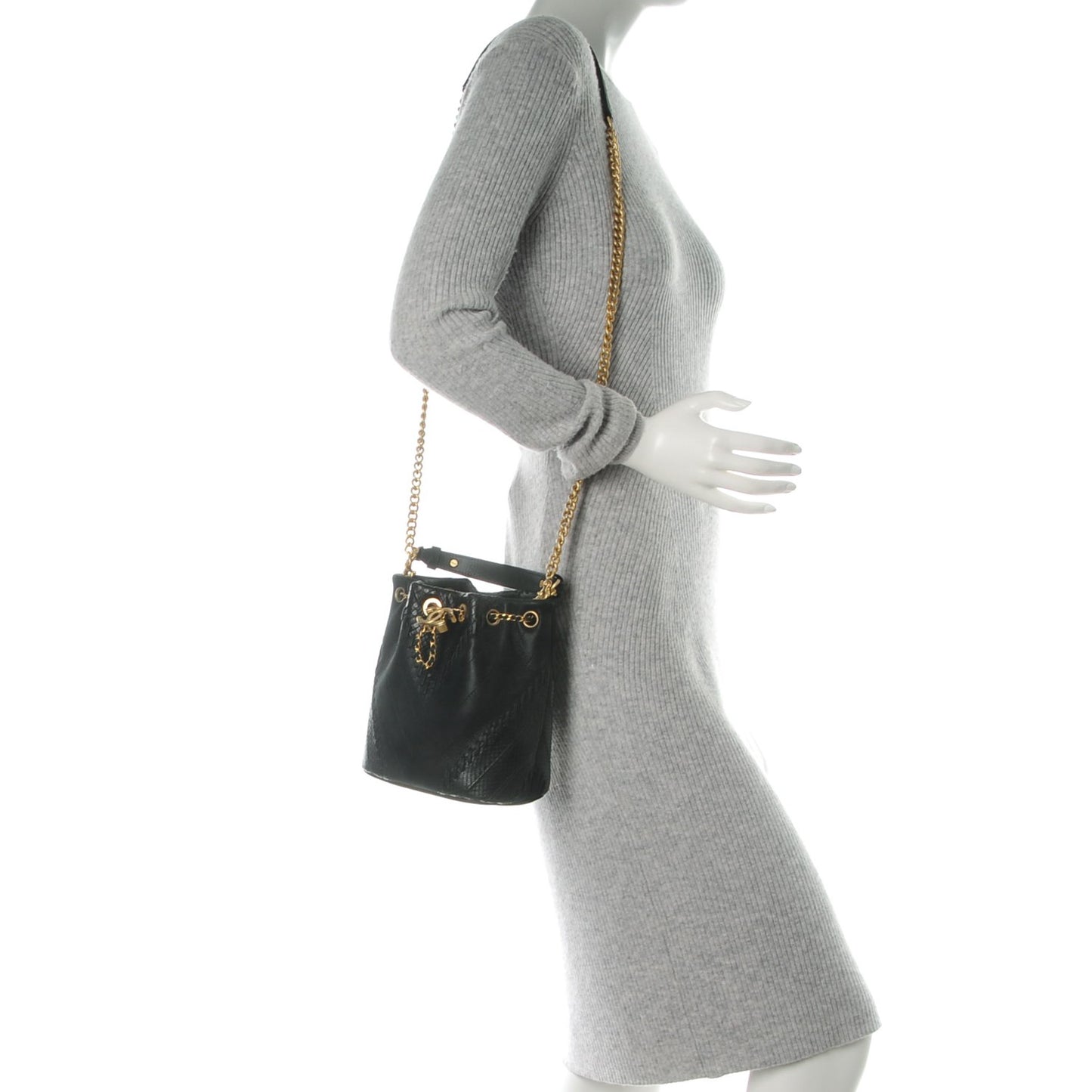 Iridescent Calfskin Python Patchwork Chevron Drawstring Bag Black