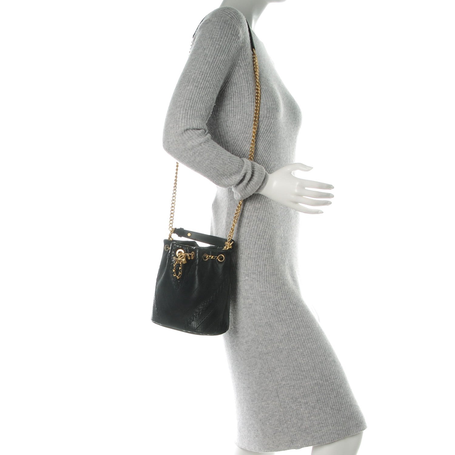 Chanel Iridescent Calfskin Python Patchwork Chevron Drawstring Bag Black 2 of 7